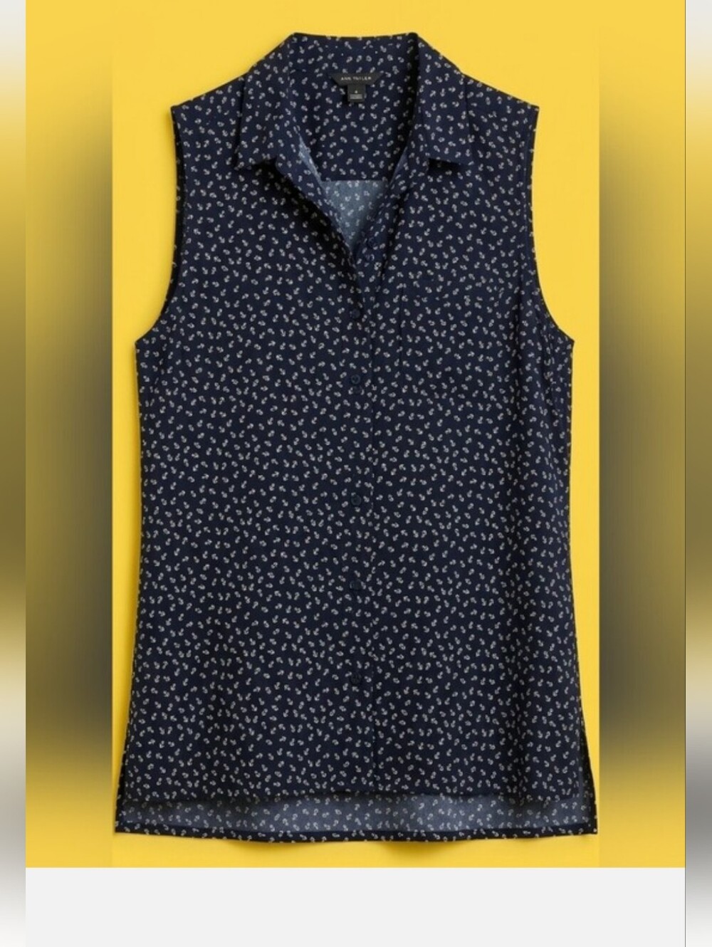 Ann Taylor Navy Sleeveless Button-Down Blouse with White Ditsy Print